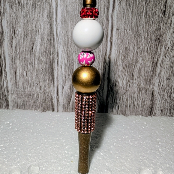 no name Other - 2 Beaded Pens - Gold and Pink Beaded Pen And Gray Football Themed Pen